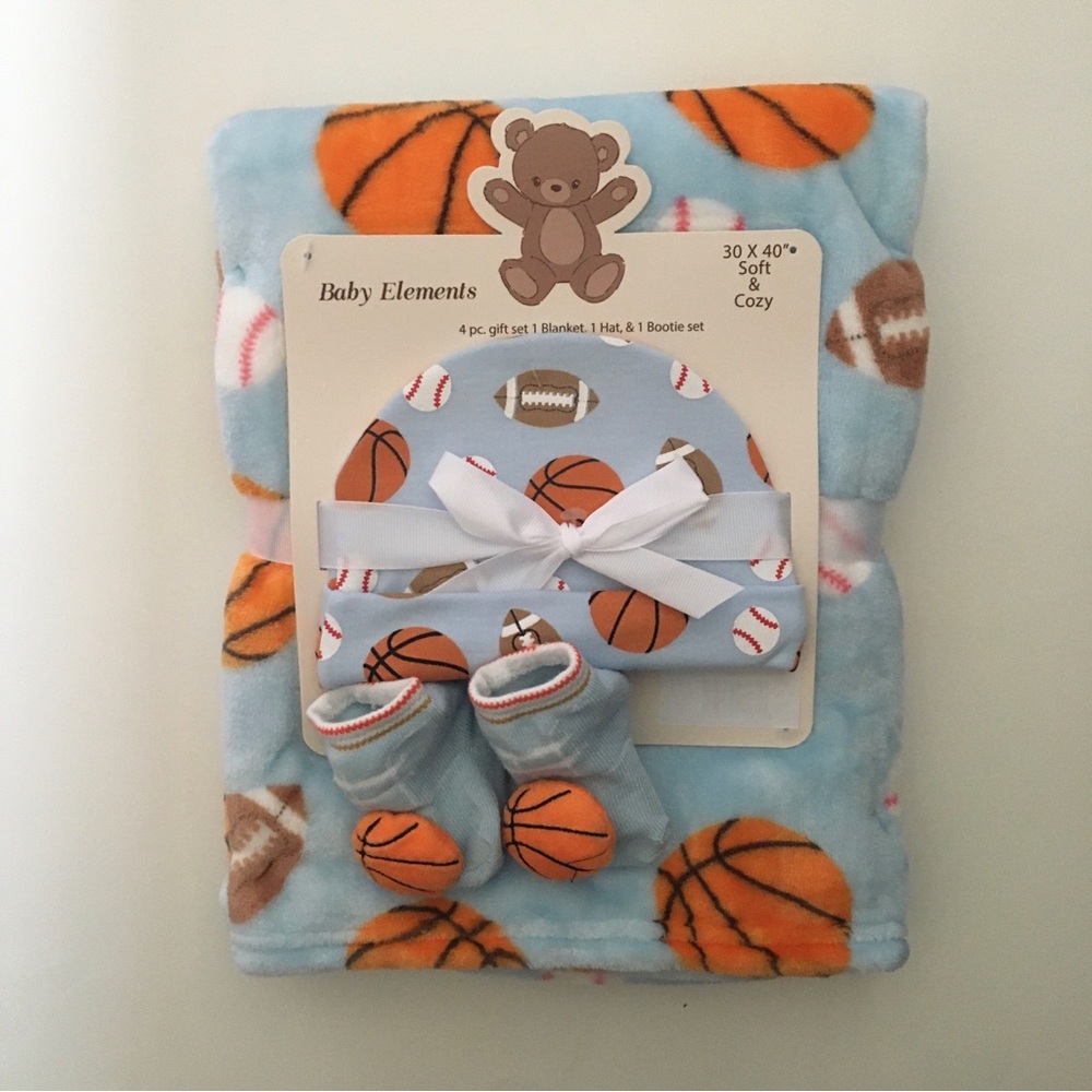 Blue Baby Blanket Hat and Booties Sports Theme 4pc Blanket Set NEW Baby Elements